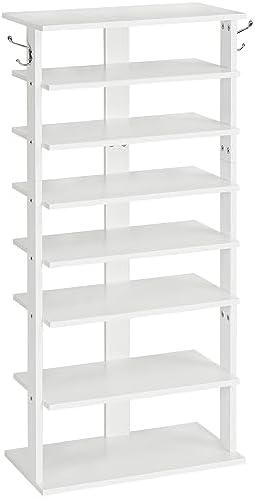 HOOBRO Vertical Shoe Rack, 8 Tier Wooden Shoe Storage Organizer with Hooks, Narrow Shoe Tower for 16 Pairs, Space Saving, for Entryway, Living Room, Bedroom, White WT750XJ01