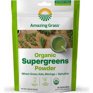 Amazing Grass Super Greens Booster: Greens Powder Smoothie Mix with Spirulina, Moringa, Wheat Grass & Kale Smoothie Booster, Chlorophyll Providing Greens, 30 Servings (EXP 05/15/25)
