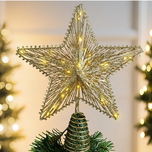 Christmas Tree Topper Star 12 Inch Gold Glitter Hollow Star Tree Topper Metal with Warm White 30 LED Lights for Xmas Decorations Ornaments Indoor Decor Holiday Party
