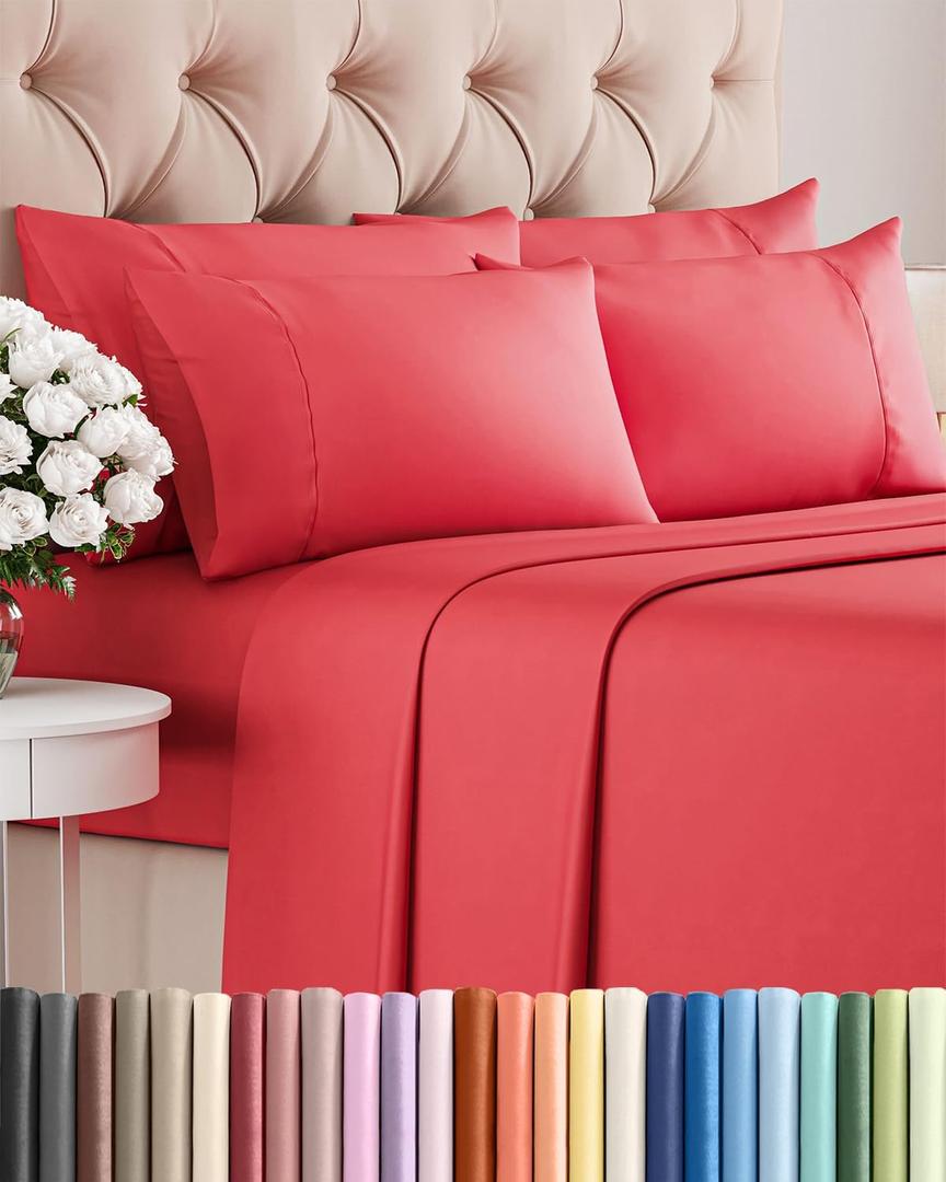 Full 6 Piece Sheet Set - Comfy Breathable & Cooling - Ultra Soft Hotel Luxury Bedding Set with 8-16 Inch Deep Pockets - 1 Flat & 1 Fitted Sheet & 4 Pillowcases - Cozy, Wrinkle Free & Easy Care - Red