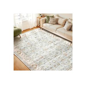 WITSHOCK 8x10 Area Rugs for Living Room: Machine Washable Non Slip Vintage Carpet - Low Pile Lightweight Print Rug for Bedroom Dining Room Kitchen Table - Stain Resistant for Household (Light Blue)