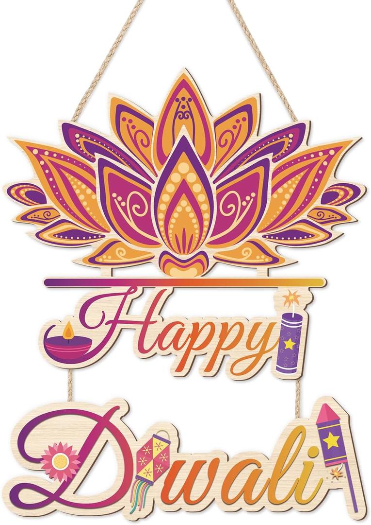 HLNIUC Happy Diwali Wooden Sign 2 Pcs,Rustic Indian Festival of Light Party Wood Signs,Lotus Diwali Party Games Hanging Plaque,Indian Happy Diwali Wreath Door Hanger for Porch Home Indoor Outdoor (Halloween)