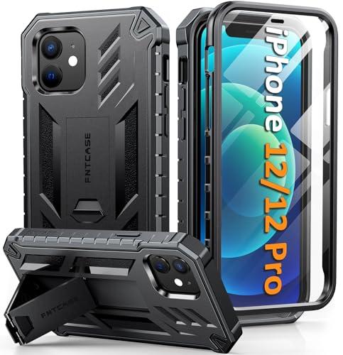 FNTCASE for iPhone 12 Phone Case: for iPhone 12 Pro Phone Case Military Grade Drop Proof Rugged Protective Cover with Kickstand | Matte Textured Shockproof TPU Hybrid Bumper Cases 6.1 inch - Black