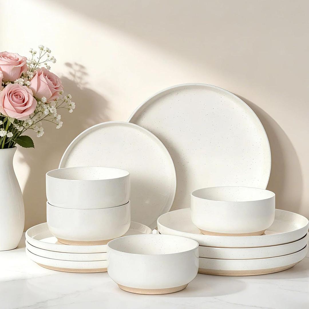 Plates and Bowls Sets, Dinnerware Sets for 4, 12 Pieces Scratch Resistant Dishware Dishes Set, Ceramic Kitchen Dinner Set, Porcelain & Microwave and Dishwasher Safe, Cream White