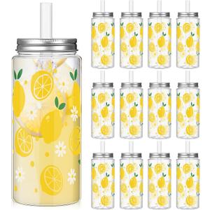 Baderke 12 Pcs Hawaiian Plastic Cups with Lids and Straws 13.5 oz Tropical Luau Clear Drinking Cup for Whiskey Soda Tea Juice Smoothies Coffee Milk Beach Birthday Party Supplies (Lemon)