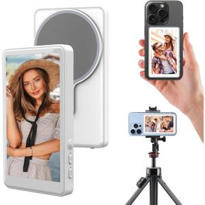 Vlog Selfie Monitor Screen iPhone, 4K 60fps Recording, Wireless Screen Mirroring with Remote Control, Magnetic Fixation, 180 Rotation, 3 Levels of Brightness, Compatible with iPhone & Android (White)