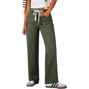 Sidefeel Women's Wide Leg Jeans High Waisted Stretchy Straight Leg Baggy Drawstring Zimbaplatinum Denim Pants (Green, L)