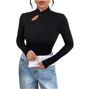 SweatyRocks Women's Long Sleeve Knit Ribbed Cheongsam Button up Mock Neck Tops (Black, XS)