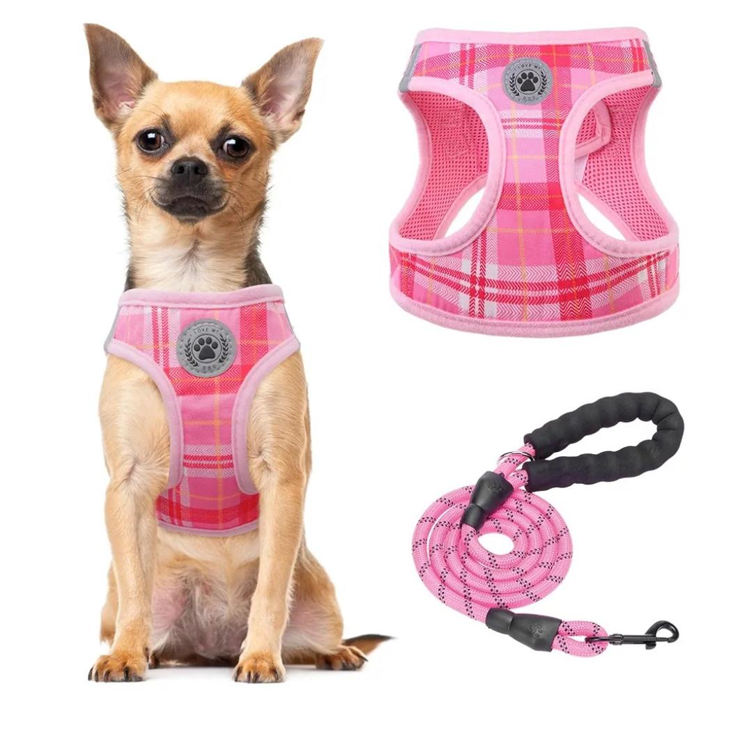 BEAUTYZOO Small Dog Harness and Leash Set, Step in No Choke No Pull Soft Mesh Dog Harnesses Reflective for Small Medium Puppy Dogs and Cats, Plaid Dog Vest Harness for S M Pets, Light Pink L