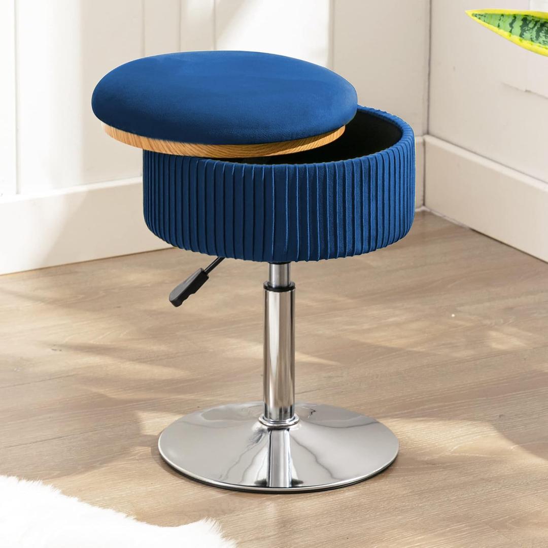 LUE BONA 360Swivel Vanity Stool Chair for Makeup Room, Height Adjustable Stool for Vanity with Storage, Small Navy Blue Velvet for Bathroom, Living Room
