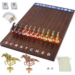 Jyquorp Metal Horse Race Board Game Racing Game Thickened Solid Wood with 11 Luxurious Durable Classic Metal Horses with 2 Dice and 2 Boxes of Cards Horse Racing Game (Walnut, Rectangle)