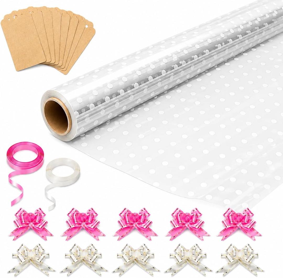 HURUC Dotted Cellophane Wrap for Hampers 80cmx30m with Large 10 Pull Bows 2 Ribbons & 10 Gift Tags, Florist Cellophane Wrap Rolls to pack Gifts Chocolate Flowers for Birthday, Anniversary, Wedding | Clear plastic wrapping paper for florist flowers, chocolates & hampers; includes pull bows, ribbons & gift tags