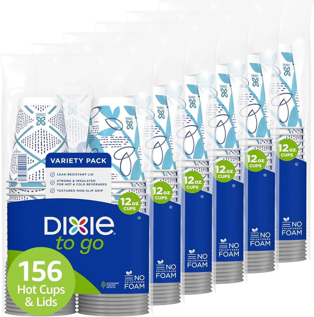 Dixie To Go Medium Paper Coffee Cups With Lids, 12 Oz, 156 Count, Disposable Cups For On-The-Go Hot Beverages (26 Count (Pack of 6), Multicolor)
