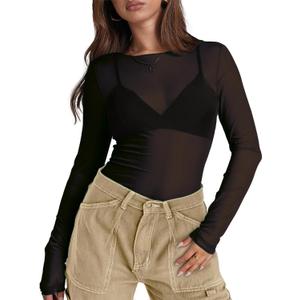 WIHOLL Womens Fashion 2024 Sheer Long Sleeve Black Mesh Long Sleeve See Through Y2K Sexy Lightweight Tees XL