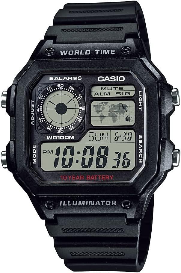Casio AE1200WH Series | Mens Digital Watch | 100M WR | Multi Alarms | 100 SEC Stopwatch | Countdown Timer | World Map for World Time | LED Light | LC Analog Display | 10 Year Battery (Black)