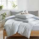 Striped Duvet Cover Set Queen Size 3 Pcs Breathable Durable 100% Washed Cotton Comforter Cover for All Seasons Chic Linen Like Textured Bedding Set (Light Blue White Pinstripes, Queen)