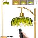 Arc Floor Lamp with Remote, Modern Gold Floor Lamps for Living Room, Dimmable LED Standing Lamp with 3 Color Temperature, Boho Retro Glass Flower Lamp, Tall Lamp for Bedroom Office Corner