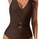 SUUKSESS Women Retro One Piece Swimsuit Metal Tummy Control V Neck Bathing Suit M