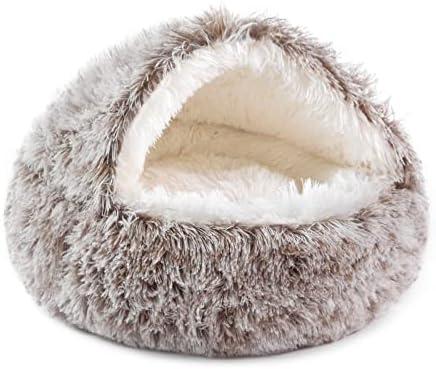 NOYAL Round Hooded Donut Dog Bed for Small & Medium Pets - Plush Fluffy Anti-Anxiety Cat Cave Bed with Cover