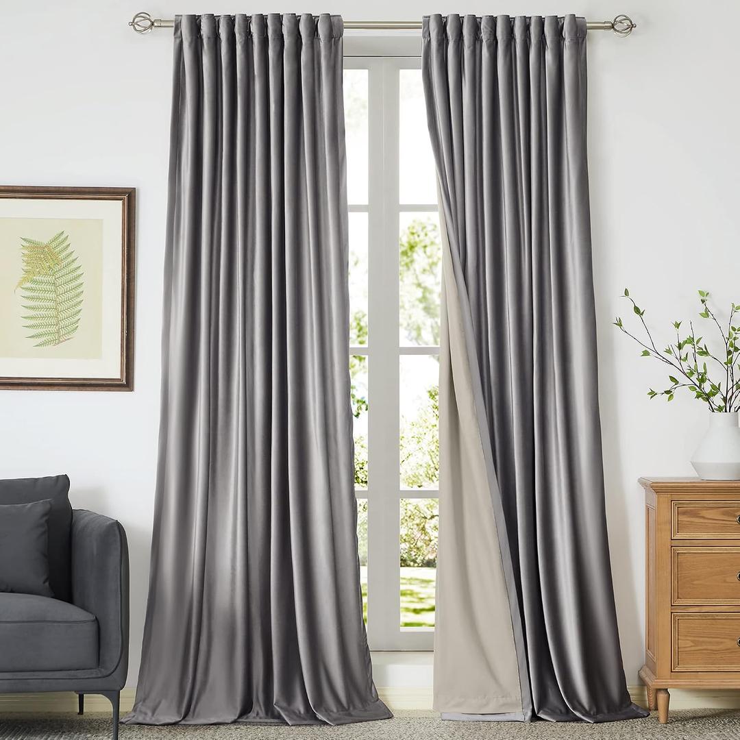100% Full Blackout Silver Grey Velvet Curtains 108 inch Long for Living Room,Set of 2 Panels Liner Rod Pocket Back Tab Thermal Window Curtains Room Darkening Heavy Decorative Drapes for Bedroom