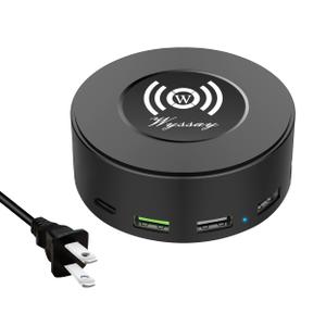 75W 6-Port Desktop Charging Station With Wireless Charger - Type-C, Quick Charge 3.0, 4 USB Ports - Multi Charger Hub for Smartphones and More (Black)
