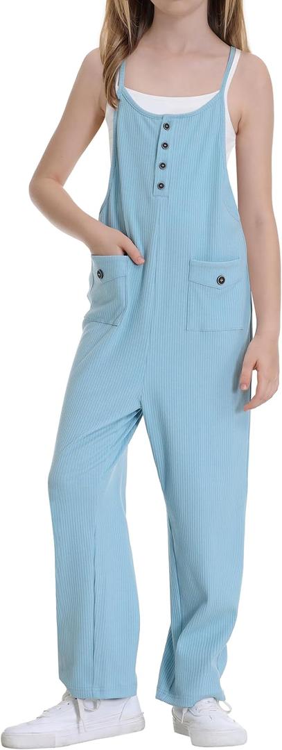 Girls Jumpsuit Loose Summer Kids Casual Spaghetti Strap Long Pants Romper with Pockets 5-12 Y (Blue)