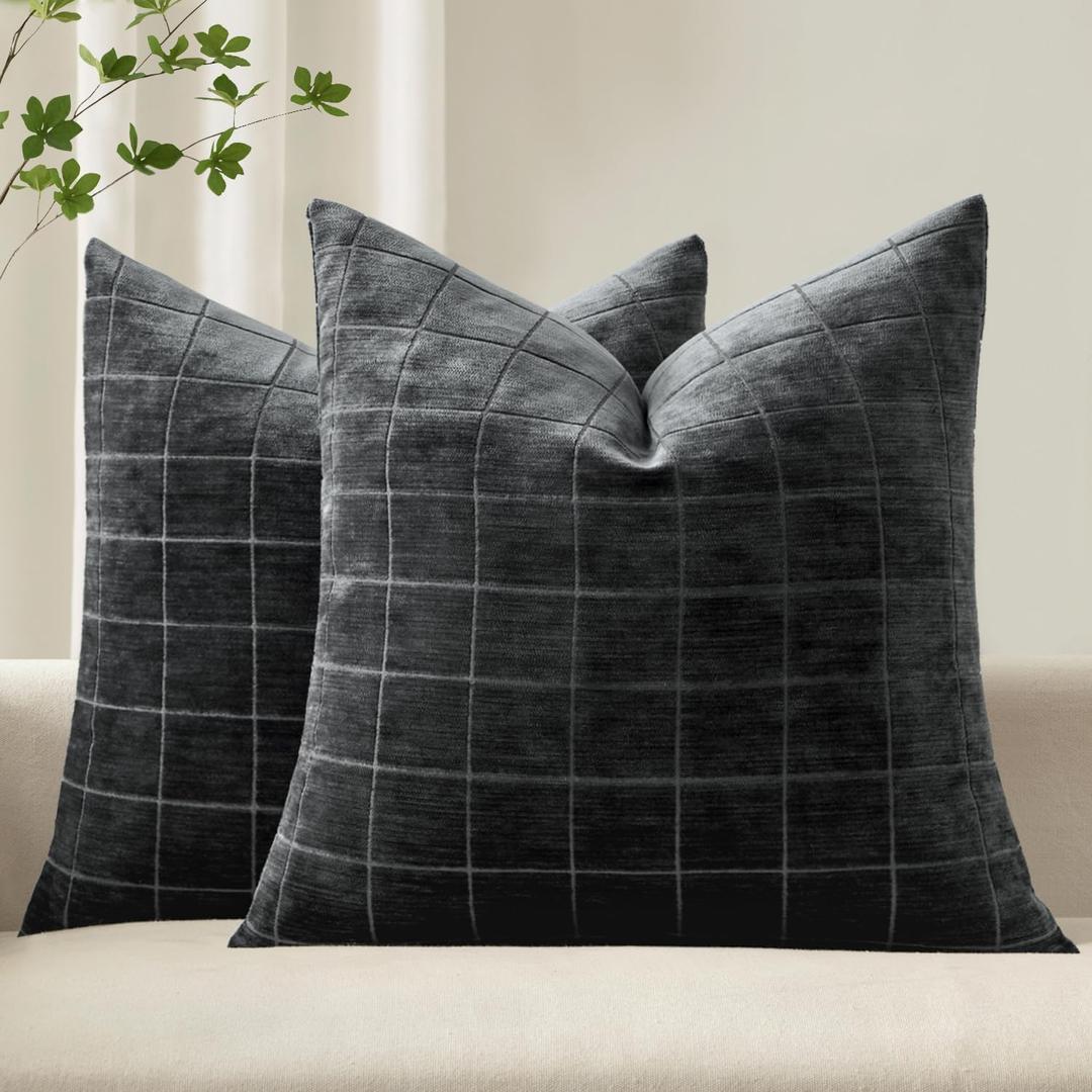 MIULEE Decorative Chenille Check Throw Pillow Covers Vintage Plaid Couch Pillows 18x18 Inch Set of 2 Neutral Boho Farmhouse Cushion Covers Modern Home Decor for Sofa Bed Living Room Black