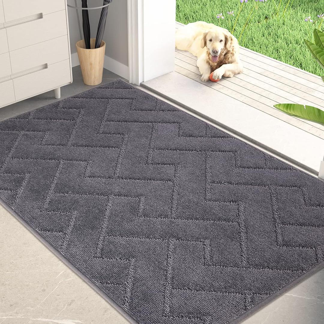 PURRUGS Dirt Trapper Door Mat 32" x 47", Non-Slip Machine Washable Entry Rug, Shoe Scraper, Dog Doormat, Super Absorbent Welcome Mat for Front & Back Door, Muddy Wet Shoes & Paws, Grey, Pack of 2 