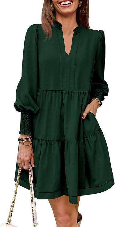 Imily Bela Womens Fall Long Sleeve Tunic Dress Casual V Neck Loose Ruffle Tiered Dress, Dark Green, L