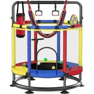 Trampoline for Kids, Full Anti-Rust 440lbs Anti-Rollover Round Bottom Toddler Trampoline, T-handrail Adjustable Baby Toddler Trampolines Dart Board, A2-Dark Red Yellow Blue