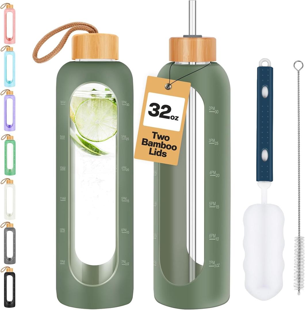 Glass Water Bottles 32 oz - Motivational Drinking Glass Water Bottle with Silicone Sleeve, Straw & 2 Bamboo Lids - 1 Liter Clear Borosilicate Daily Intake Tumbler with Time Marker - Olive, 1 pack