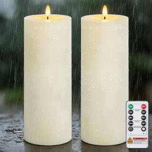 Homemory Outdoor Waterproof Flameless LED Candles 4" x 12", Battery Operated Large Pillar Candles with Remote & Timer, Long Lasting for Outdoor Lanterns & Patio, White, Set of 2