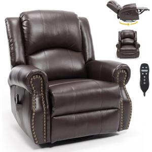 Classic Rivets Leather Recliner Chair for Living Rooms, Swivel Rocker Recliner Chair with Heat and Massage, Wall Hugger Glider Reclining Sofa for Small Spaces, Brown