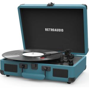 Vinyl Record Player 3 Speed Bluetooth Portable Suitcase Belt-Driven Record Player with 2 Built-in Stereo Speakers Vinyl Vintage Turntable Records Player with RCA Line Out, AUX Out (Smoke Blue)