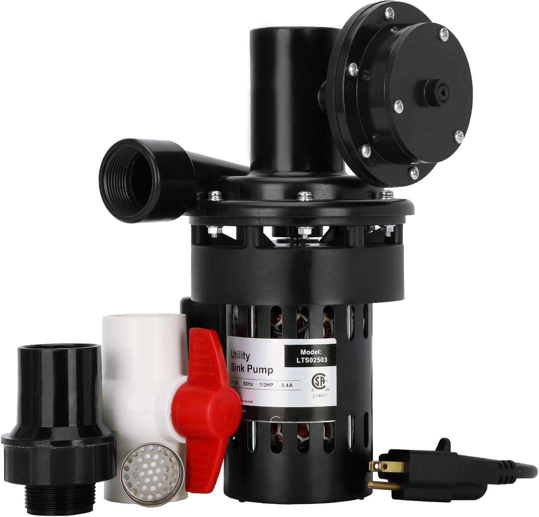 Automatic Utility Sink Pump Installed Directly Under Sink Gravity-free Drainage Heavy-Duty Thermoplastic 115V Includes Drain Screen Check Valve & Ball Valve