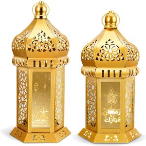 Honoson Eid Ramadan Lantern Large Temple Moroccan Lantern Lamp Ramadan Decorations for Home Hanging Outdoor Patio or Indoor Home Decor with LED String Lights(Gold,Themed)