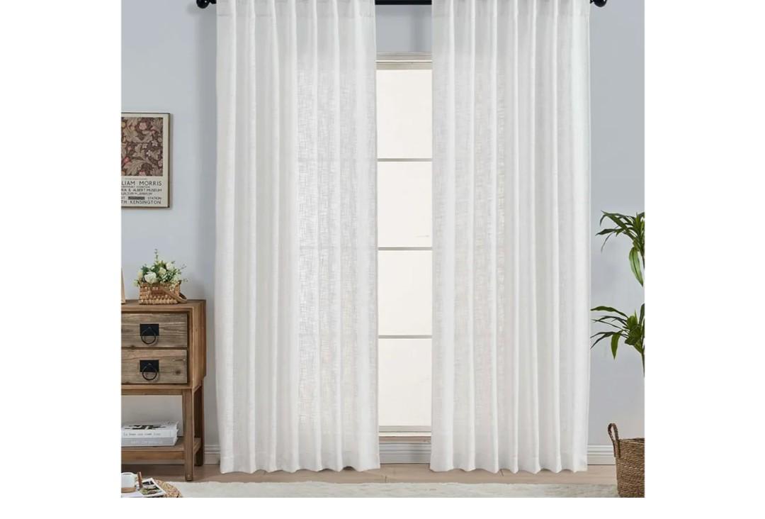 OWENIE White Faux Linen Curtains for Bedroom Living Room 84 Inches Long 2 Panels Set, Farmhouse Thick Faux Linen Textured Light Filtering Curtains Drapes with Back Tab Top, White, Each 52" W x 84" L