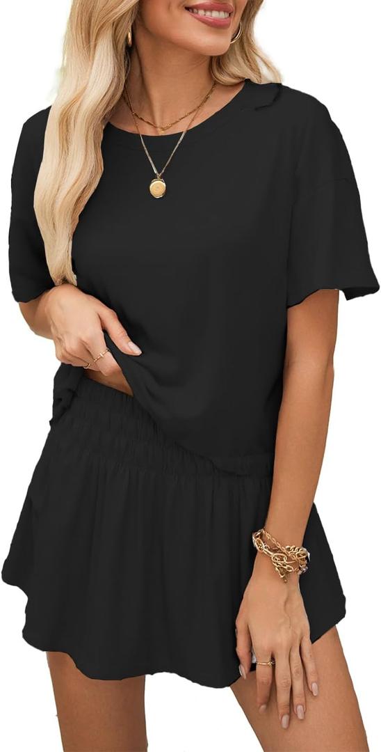 Opemiby Womens Summer 2 Piece Outfits Casual Short Sleeve T Shirt and High Waist Skort Skirt Matching Lounge Set (Black, L)