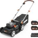 WORX 17'' Cordless Lawn Mower, 2 in 1 Electric Mower Cuts to Edge, Compact & Lightweight Push Lawn Mower with 6-Position Height Adjustment for Medium Size Yards, 2 Batteries & Charger Included, WG745