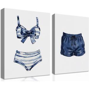 Blue White Swimsuit Canvas Wall Art, Beach House Wall Decor, Vintage Painted Swimsuit Artwork, Coastal Lake House Picture Painting Print for Girls Room Bedroom 12x16 inch Framed (24L" x 16W")