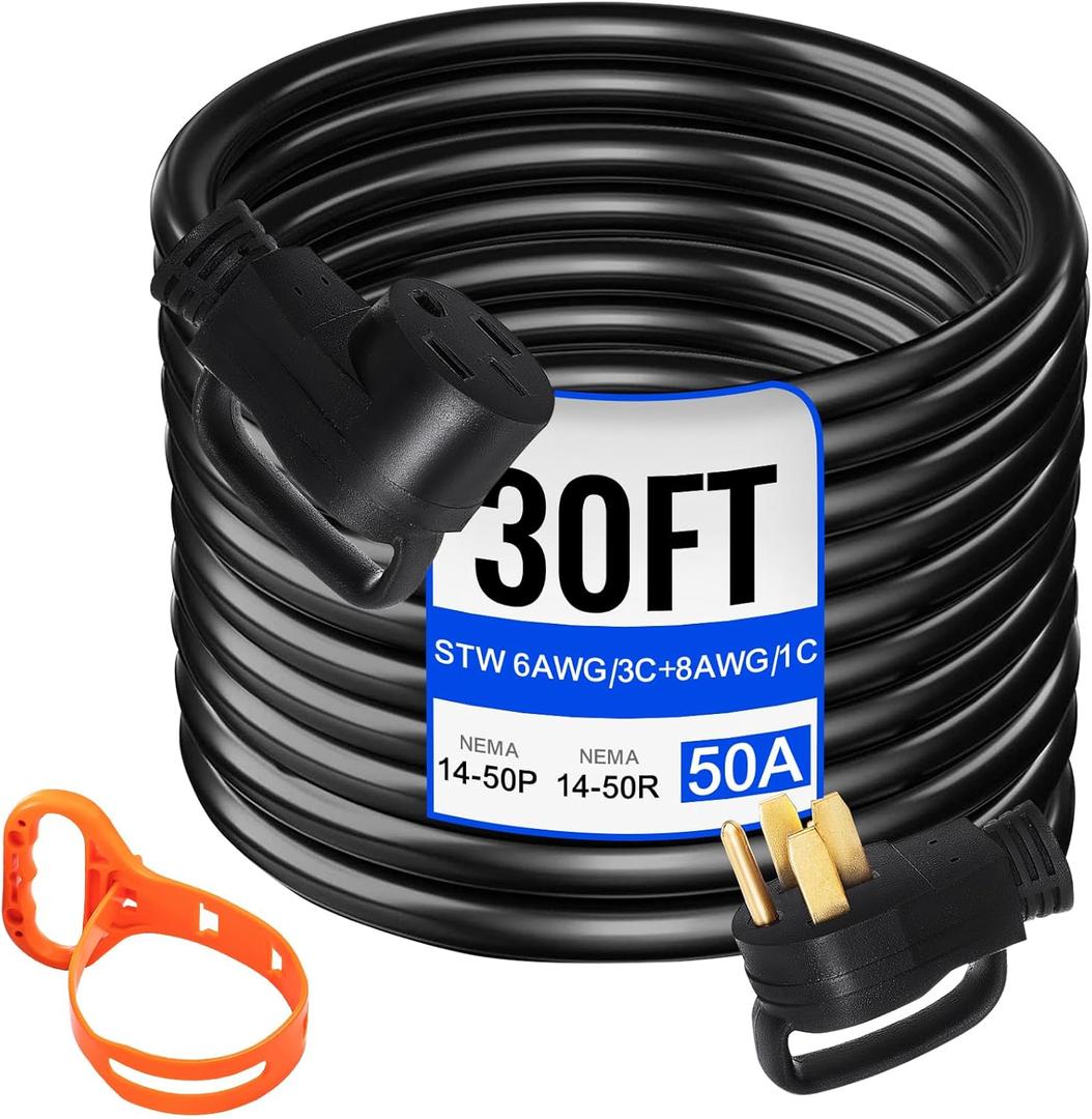 VEVOR 30 FT 50Amp RV Extension Cord NEMA N14-50P to N14-50R, 125 / 250V Heavy Duty STW 6/3+ 8/1 RV Power Cord, for EV Charging and RV Trailer Campers