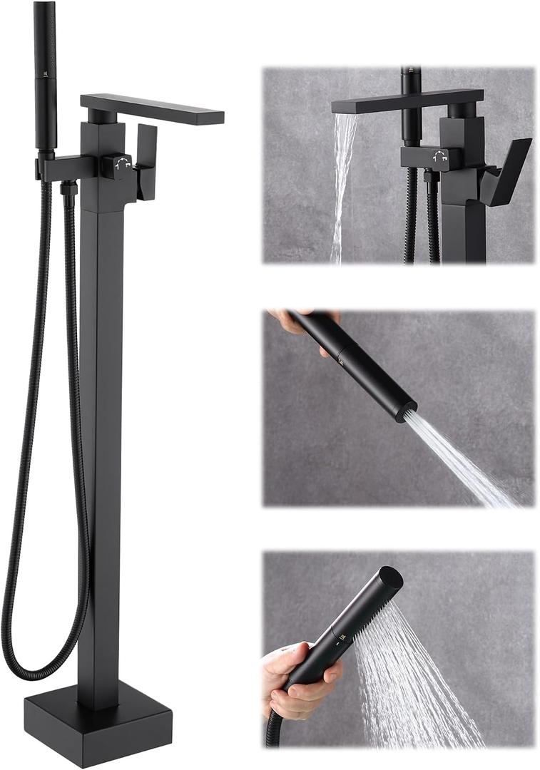 Free Standing Tub Faucet, Floor Mount Bathroom Tub Filler, Single Handle Freestanding Bathtub Shower Faucets with Handheld Sprayer, Matte Black