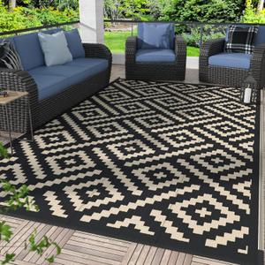 GENIMO 5x8 Outdoor Rug Waterproof, Reversible Mats, Area Rug, Plastic Outside Carpet, Geometric Rv Mat for Patio Camping Rv Picnic Backyard Deck Balcony Porch Beach Trailer (Black & Beige)