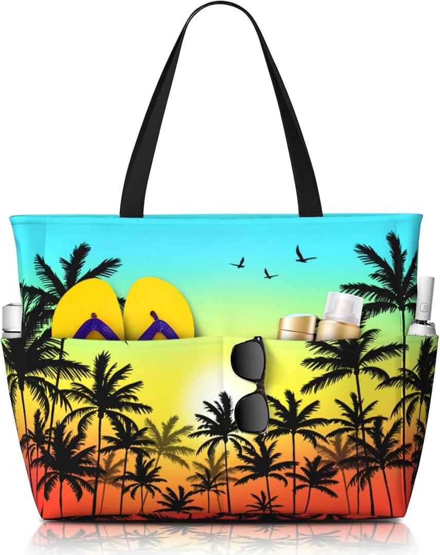 Beach Bags for Women Cute Print Waterproof Sandproof Women Tote Bag with Zipper Colorful Pool Bags for Gym Travel Vocation