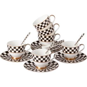 Porlien 6-ounce Porcelain Checker Teacups and Saucers Set of 6 with Spoons, Coffee Cups Set