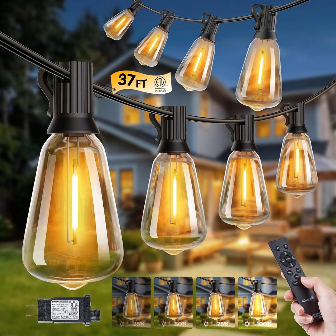 Minetom 37FT Outdoor String Lights with Remote, 11+1 Shatterproof ST38 LED Bulbs, Waterproof Patio Lights with 3 Modes, Dimmable & Connectable 2700K Hanging Lights for Backyard Porch Deck Balcony