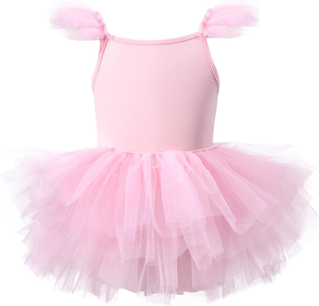 Girls Dance Tutu Dresses Ruffle Sleeve Snap Crotch Ballet Leotards (4-6 Years, Pink)