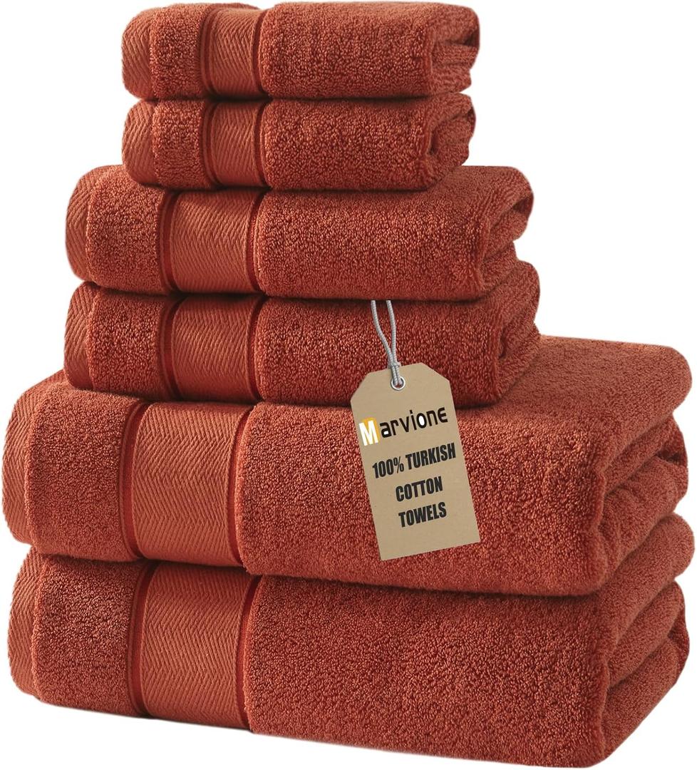 Marvione Bath Towels Set 6 Piece, 100% Turkish Cotton Highly Absorbent and Soft Towels for Bathroom 2 Bath Towels 2 Hand Towels 2 Washcloths, Burnt Orange