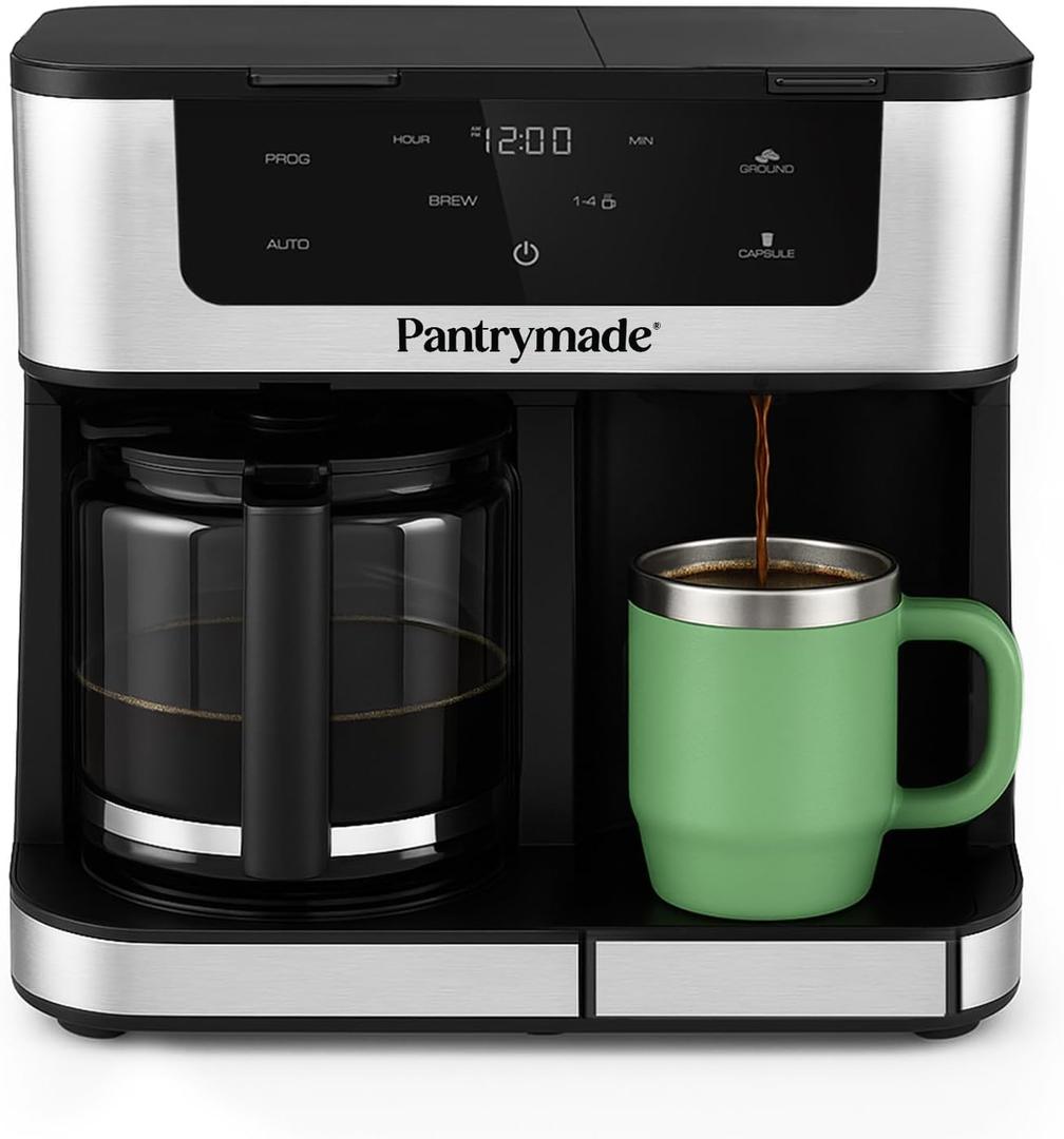 Pantrymade Dual Brew Coffee Maker | 12 Cup Glass Carafe & Single Serve K-Cup Combo | Programmable Touchscreen Coffee Machine for Ground Coffee or Pods | Auto Shut-Off, Black