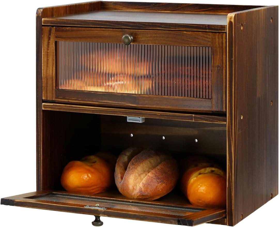 Bread Box for Kitchen Countertop, 2 Layer Large Capacity Wooden Bread Storage Container with Clear Wavy Acrylic Window Breadbox Holder Keeper Farmhouse Food Organizer (Brown)